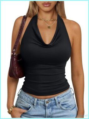 Sleeveless Cowl Neck Halter Tank Top Y2K Backless Crop Top Summer